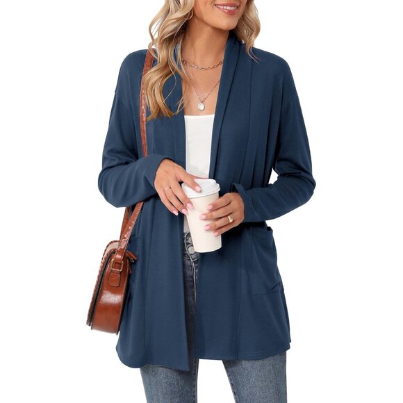 Jackets & Blazers - Women's Rayon-Blend Long Sleeve Open Front Cardigan Pockets Casual Lightweigh